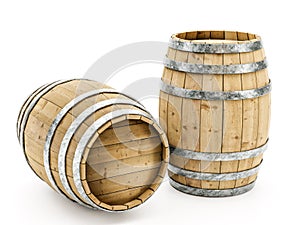 Two wooden barrels on white