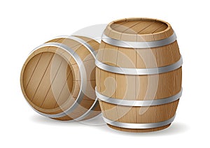 Two wooden barrels on white background. Barrels for production, storage and shipping