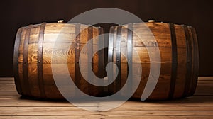 Two wooden barrels on wooden background in cellar of vinery. Generative AI