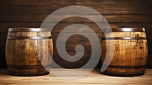 Two wooden barrels on wooden background in cellar of vinery. Generative AI