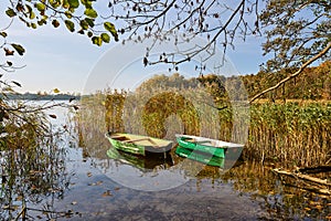 Two wooden boats moored in reeds on the shore of a lake