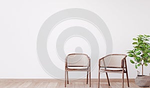 Two wooden chairs on empty white wall, farmhouse living room mock up