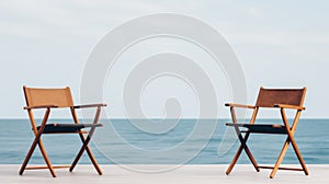 Two wooden chairs sitting on top of a pier next to the ocean, AI