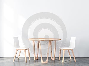 Dve drevený stoličky stôl v biely stena a betón poschodie 