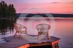 Two wooden chairs on a wood pier overlooking a lake at sunset