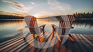 Two wooden chairs on a wood pier overlooking a lake at sunset in Finland. Generative Ai