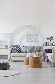 Two wooden coffee tables with plant in pot in front of grey corner sofa in fashionable living room interior