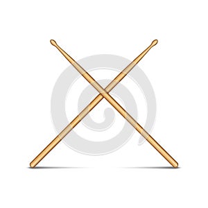 Two of wooden drum sticks crosswise 3d vector object isolated on white background, musical equipment for drummer