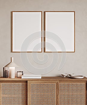 Two wooden frame mockup in home interior with decoration, living room in beige warm color with wooden japandy console, 3d render