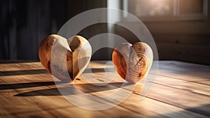 Two wooden hearts on rustic table with sunlight, abstract, love