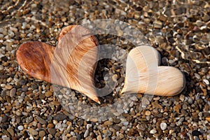 Two wooden hearts shape in the nature for greeting card.