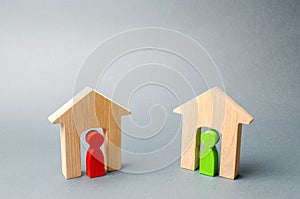 Two wooden houses with neighbors inside. Good neighborhood, district. Communication between people and homes. Houses in the