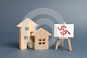 Two wooden houses and a poster with a symbol of falling value. concept of real estate value decrease. low liquidity
