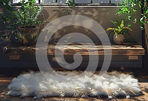 two wooden shelves and a plant on the ground, in the style of rug, digital minimalism, soft focus, symmetrical