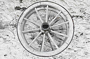 Two wooden spoked wheels on the wall