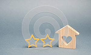 Two wooden stars and a house. Two star hotel or restaurant. Review of the critic. Quality of service and level of service. Rating