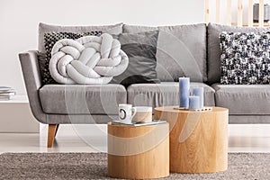Two wooden block shape like coffee tables with kinck knacks in front of grey scandinavian sofa with pillows photo