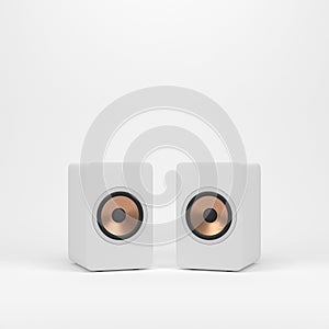 Two wooden white speakers with golden speaker driver