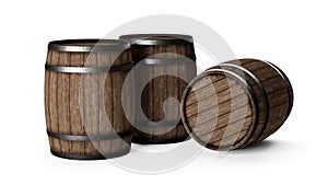Two wooden wine or whiskey barrels, casks or kegs made from rustic oak wood standing and lying on white background