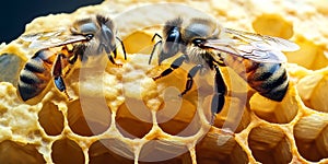 Two Worker Bees Inspecting Hexagonal Honeycomb Cells While Collecting Nectar and Pollen Outdoors