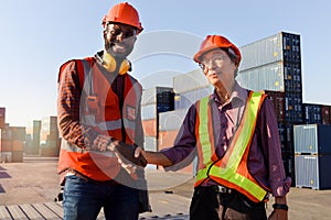 Two worker wearing safety helmet shaking hands at logistic shipping cargo containers yard. African American engineer man having
