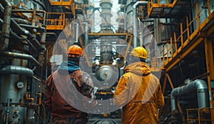 Two workers in hard hat walk through industrial facilities view from the back.