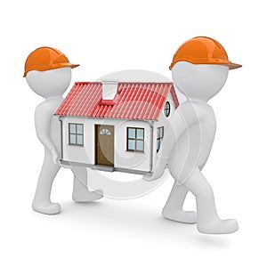 Two workers have a house with red roof