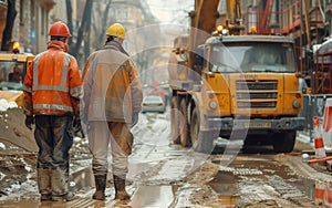 Two workers in highvisibility clothing walk next to a muddy street with a truck