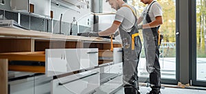Two workers installing kitchen cabinets in a modern home