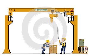 Two workers are operating overhead crane on white background