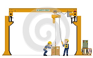 Two workers are operating overhead crane on white background