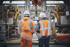 two workers in safety gear inspecting manufacturing equipment