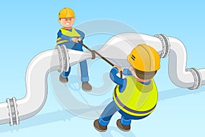 Two workers are trying to block the pipeline by pinching it with a rope. Concept of energy crisis and sanctions. Vector