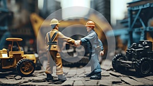 two workers in work clothes on a construction site shake hands, it\'s all a toy