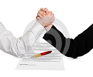 Two wrestling hands and contract