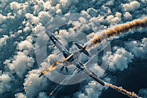 Two WWII fighter planes engage in a fierce dogfight above a dense cloud layer, creating dynamic smoke trails and gunfire photo