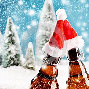 Two xmas beer bottles clink together