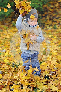 Portrait of a boy throwing autumn leaves in the air