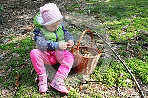 Two years old girl with a basket full of mushrooms