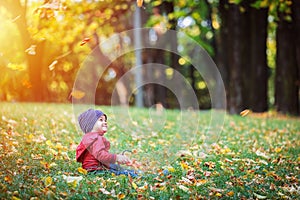 Two years old toddler have fun outdoor in autumn park