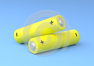 Two yellow AA size batteries isolated on blue background in pastel colors