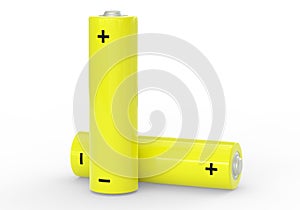 Two yellow AA size batteries isolated on white background