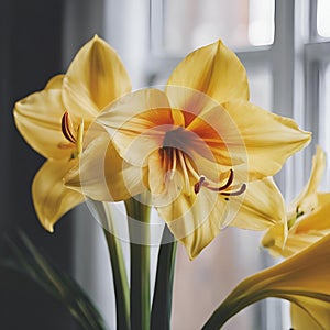 two yellow amar lily's with dark background and white window photo