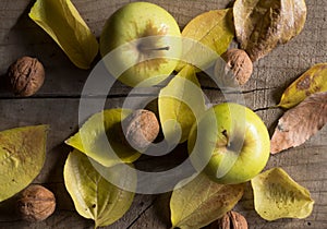 Two yellow apples, walnuts and autumn leaves on wood