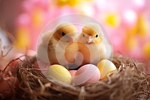 Two yellow chicks in nest with Easter eggs. Easter greeting card