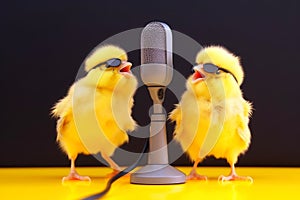 Two yellow chicks with sunglasses singing a song created with generative AI technology