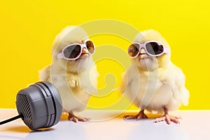 Two yellow chicks with sunglasses singing a song created with generative AI technology