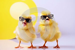 Two yellow chicks with sunglasses singing a song created with generative AI technology