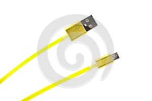 Two yellow connectors of micro USB cable on white isolated background. Horizontal frame