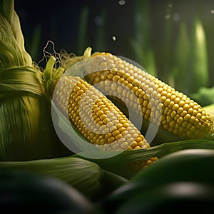 Two yellow corn cobs in green leaf, smudged background. Corn as a dish of thanksgiving for the harvest